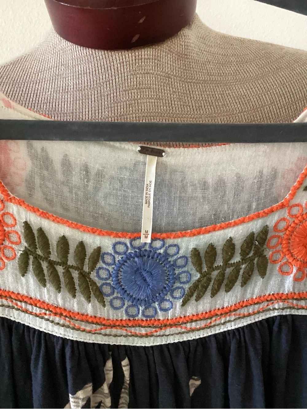 Free People Navy Tunic with White Sleeves and Colorful Embroidery - Picture 3 of 5